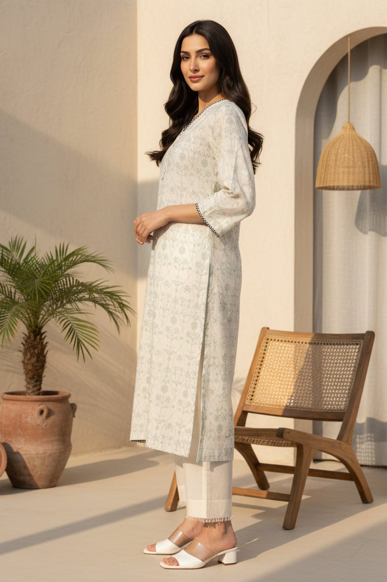 Off White Floral Printed Piping Detail Pure Cotton Straight Kurta