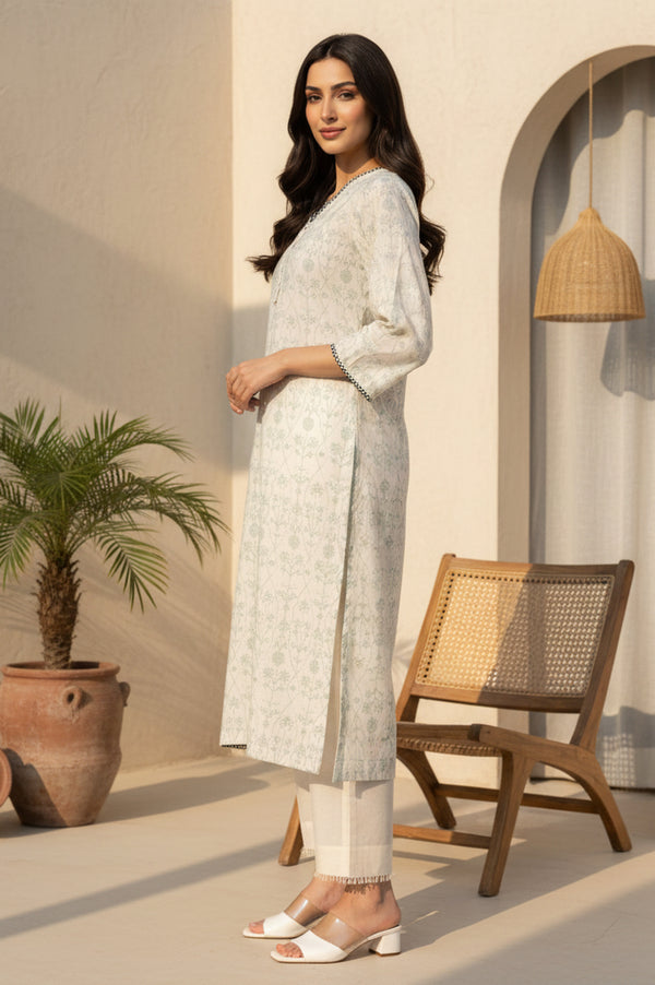 Off White Floral Printed Piping Detail Pure Cotton Straight Kurta