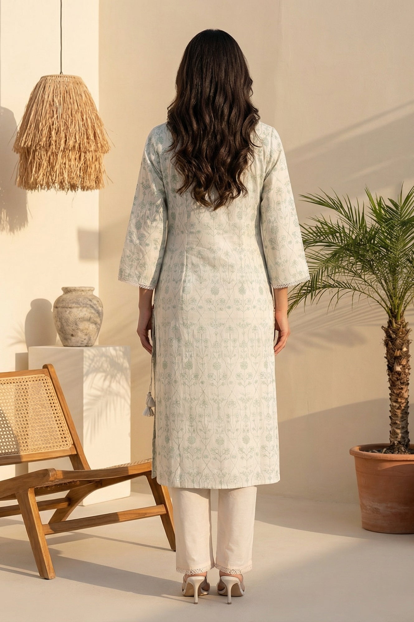 Off White Floral Printed Piping Detail Pure Cotton Straight Kurta