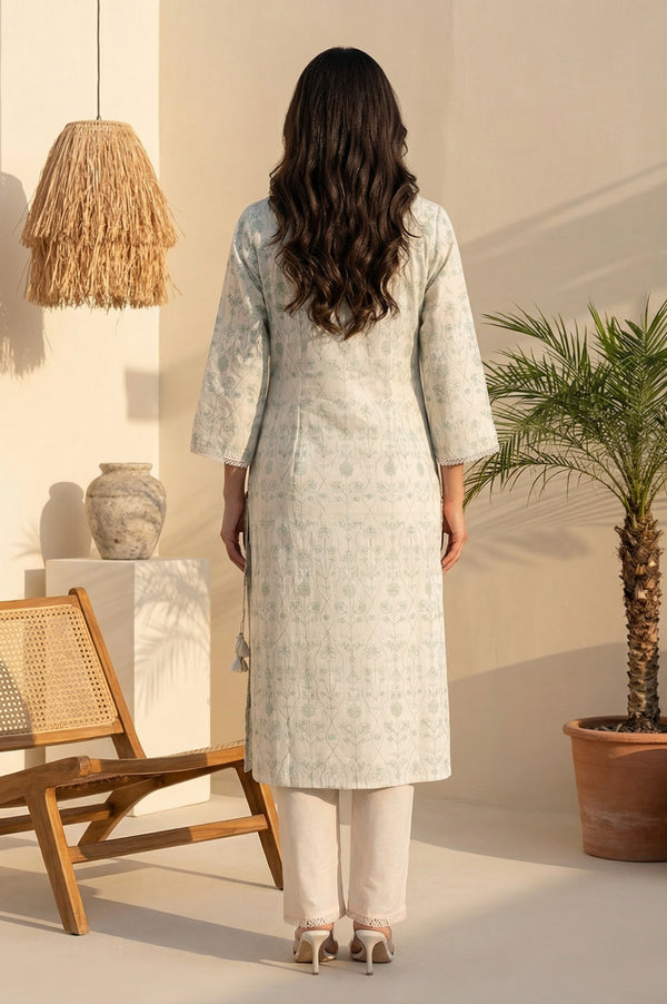 Off White Floral Printed Piping Detail Pure Cotton Straight Kurta