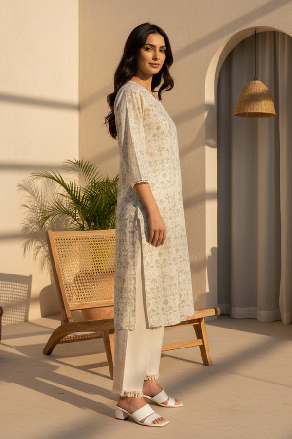 Off White Floral Printed Piping Detail Pure Cotton Straight Kurta