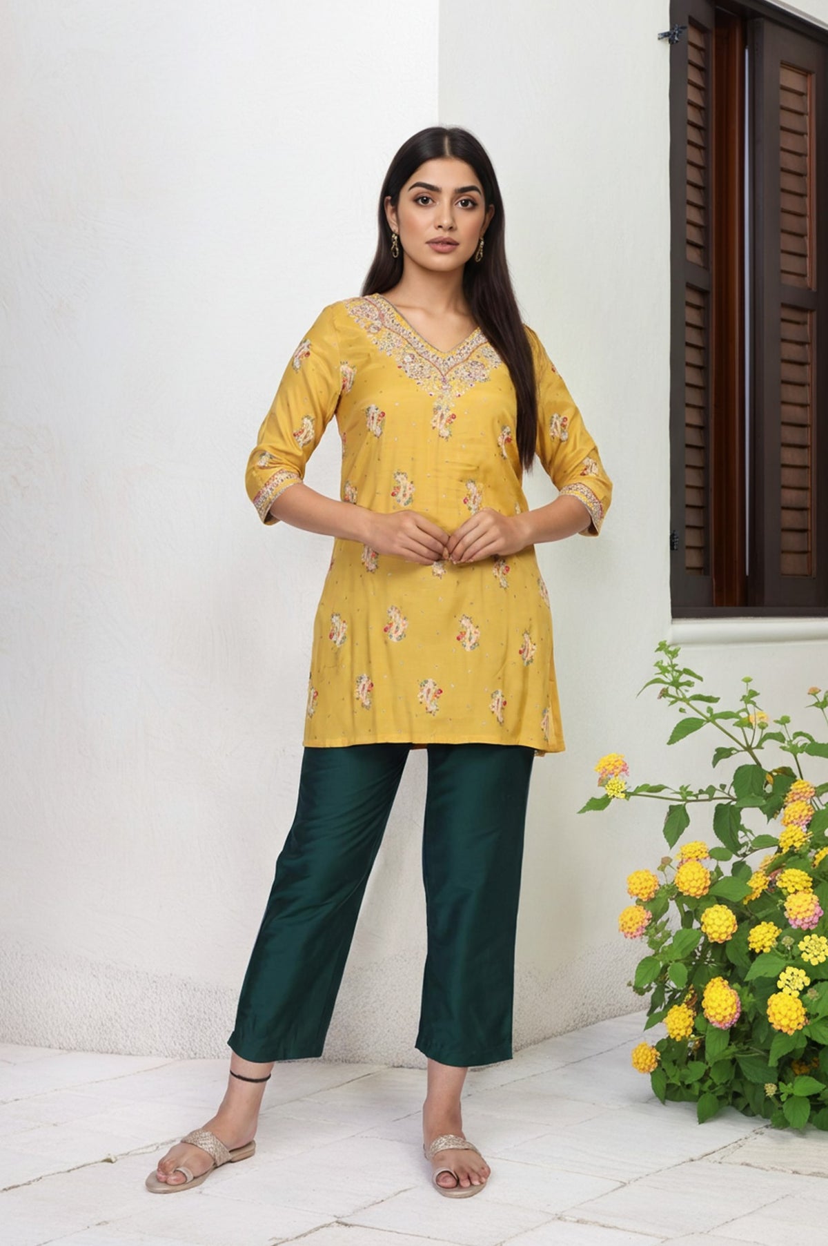 Mustard Embroidered Straight Rayon Kurta - S