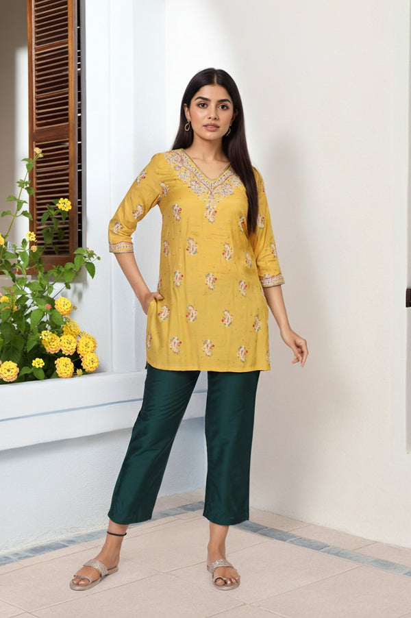 Mustard Embroidered Straight Rayon Kurta