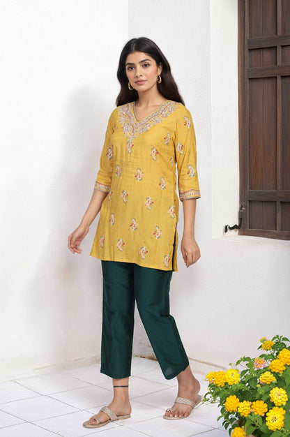 Mustard Embroidered Straight Rayon Kurta