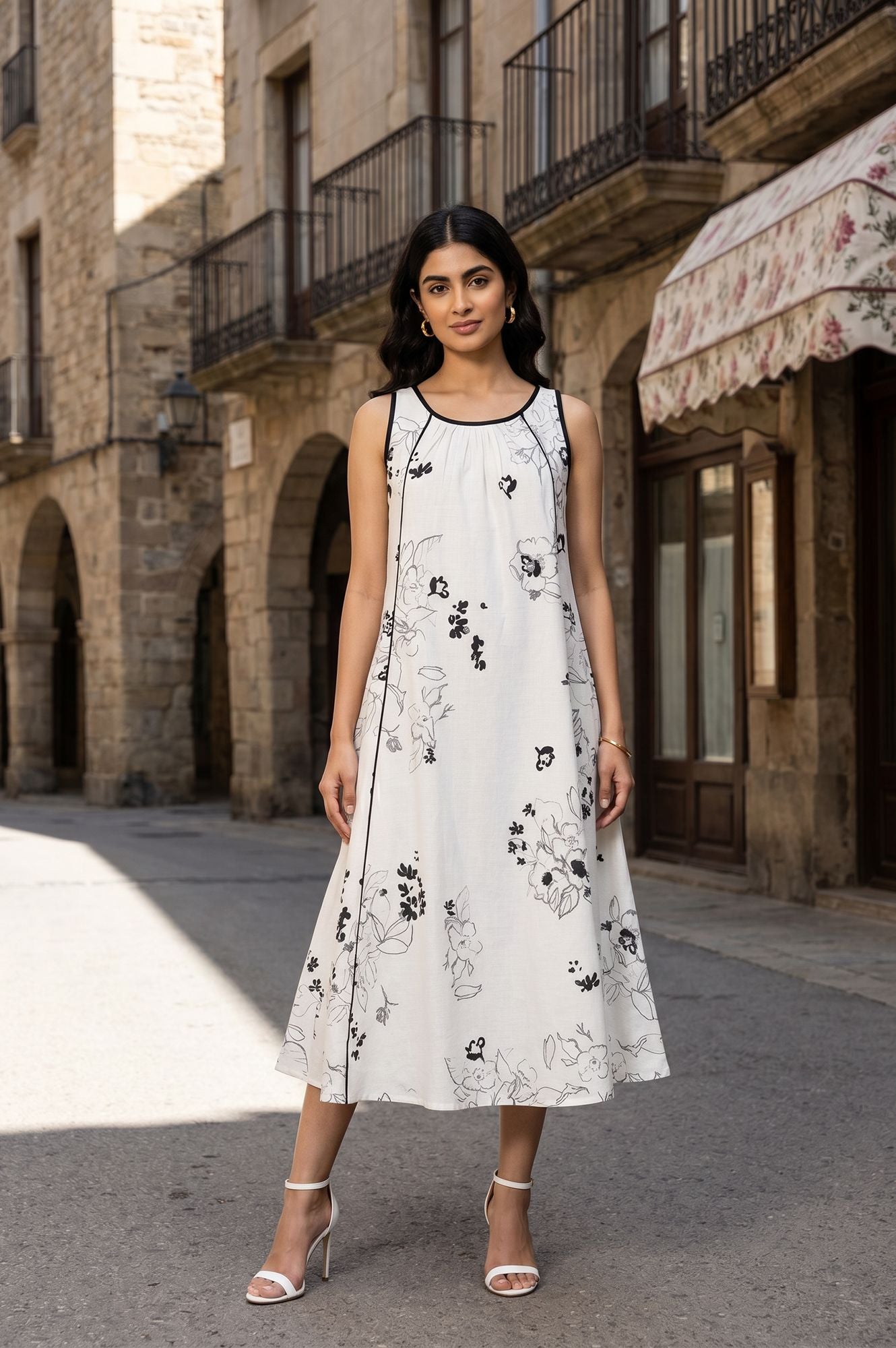 White Floral Printed Sleeveless Cotton Flax A-line Western Dress