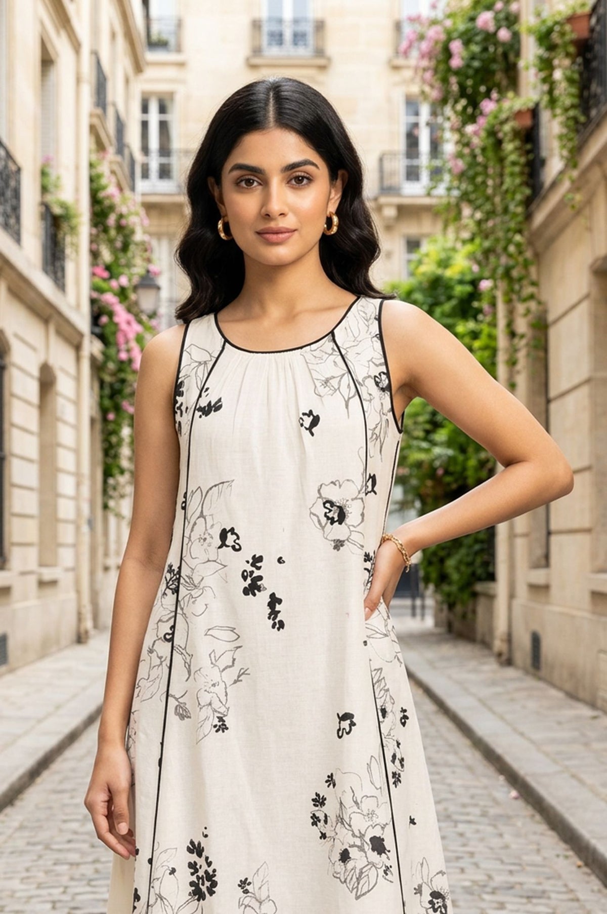 White Floral Printed Sleeveless Cotton Flax A-line Western Dress