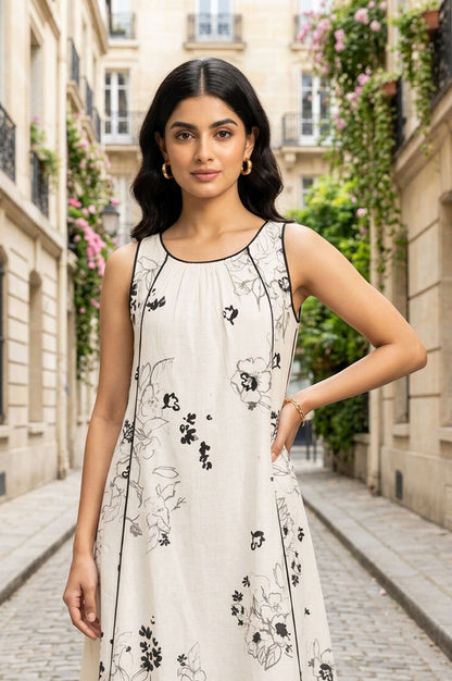 White Floral Printed Sleeveless Cotton Flax A-line Western Dress