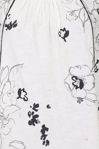 White Floral Printed Sleeveless Cotton Flax A-line Western Dress
