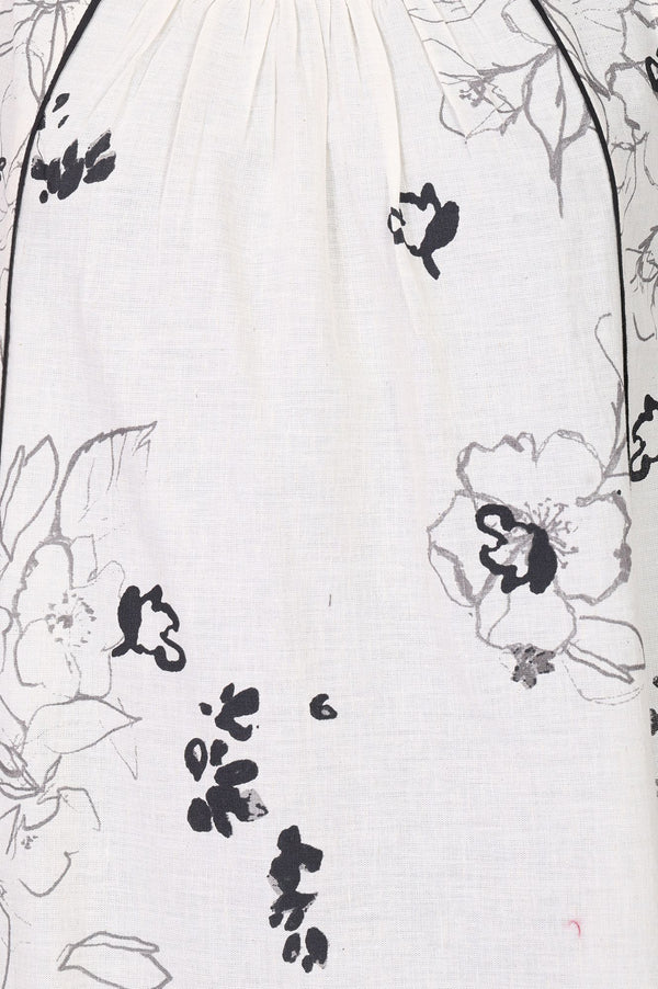 White Floral Printed Sleeveless Cotton Flax A-line Western Dress