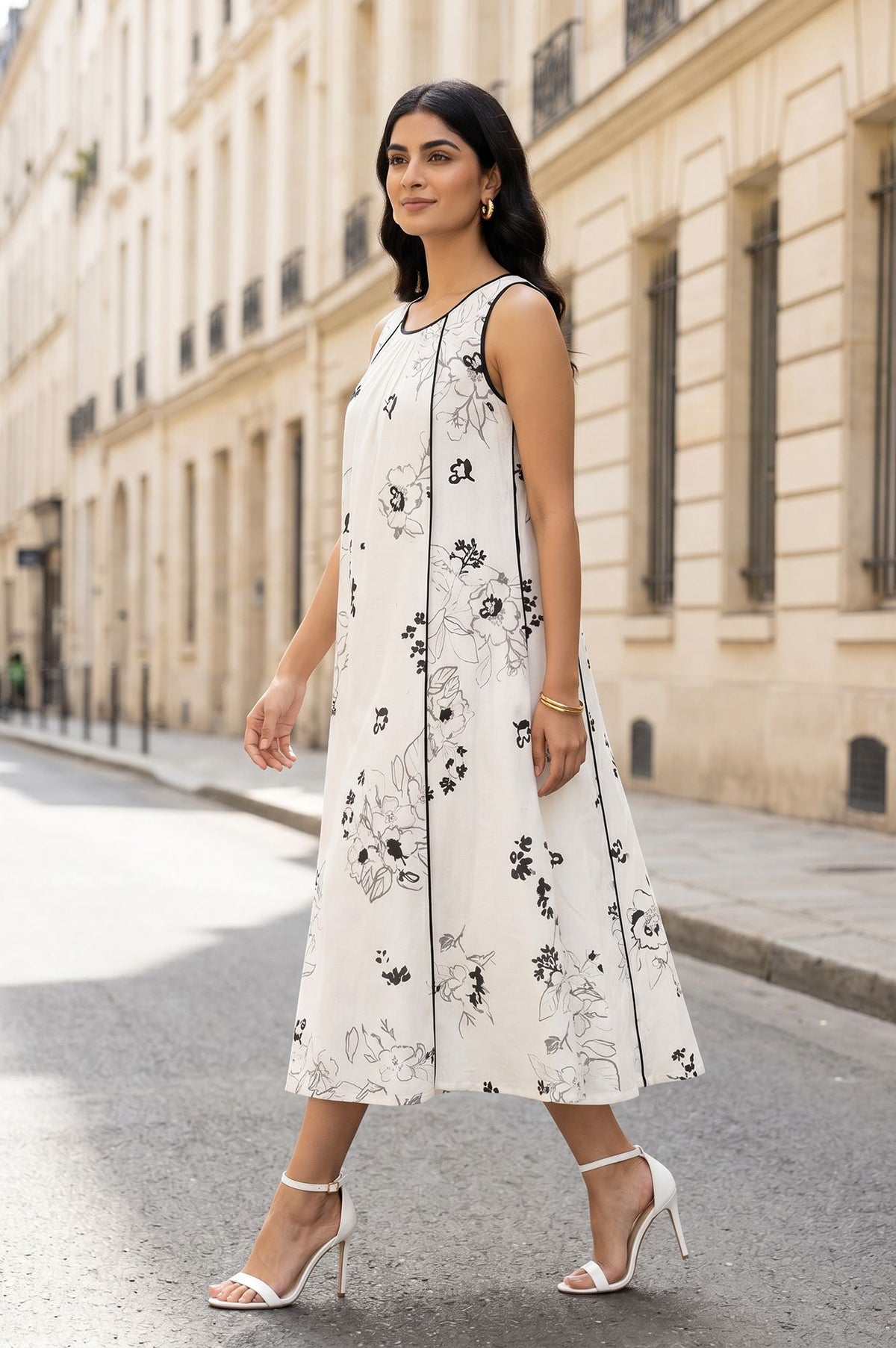 White Floral Printed Sleeveless Cotton Flax A-line Western Dress