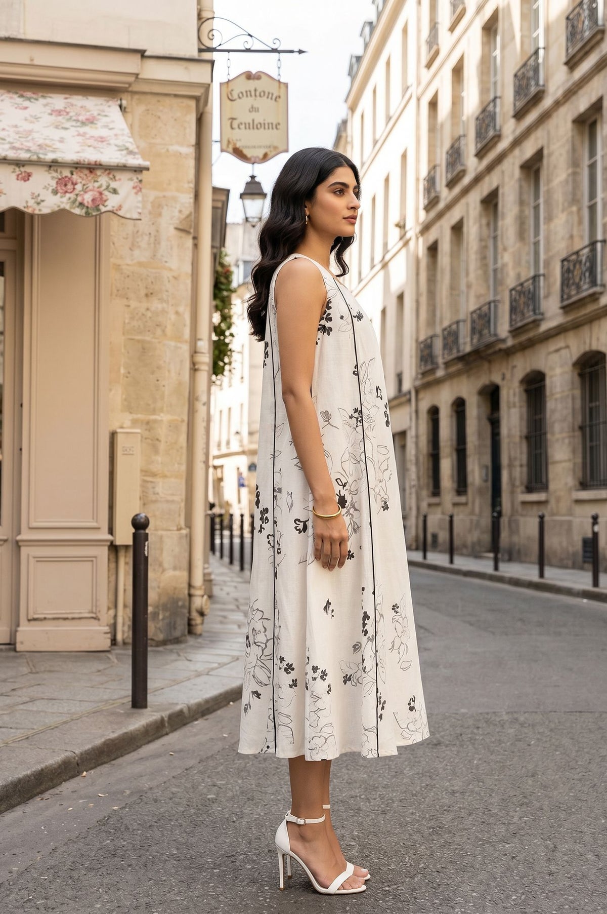 White Floral Printed Sleeveless Cotton Flax A-line Western Dress