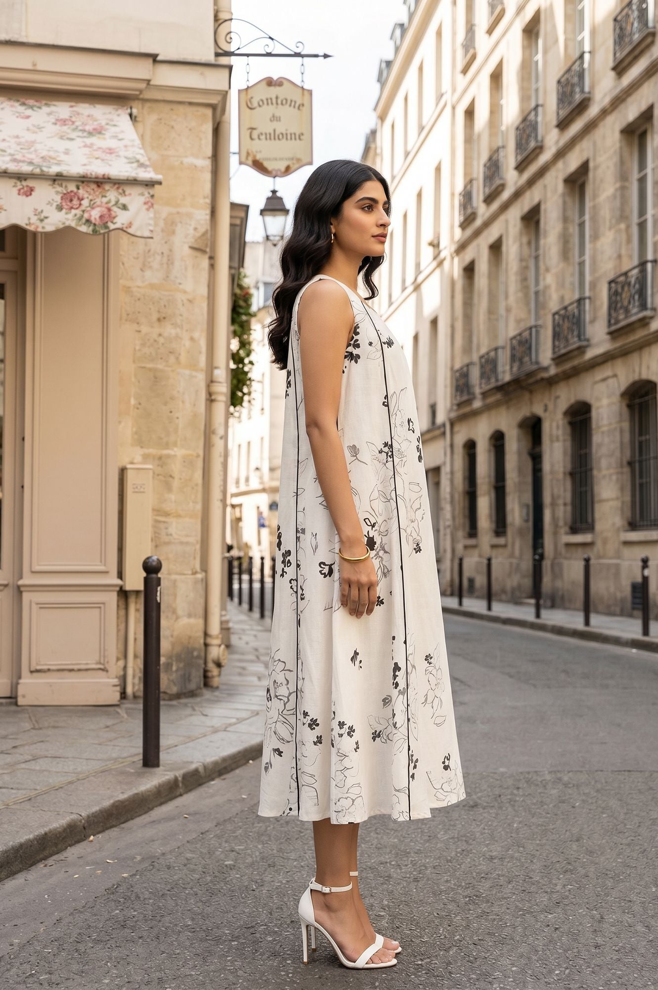 White Floral Printed Sleeveless Cotton Flax A-line Western Dress