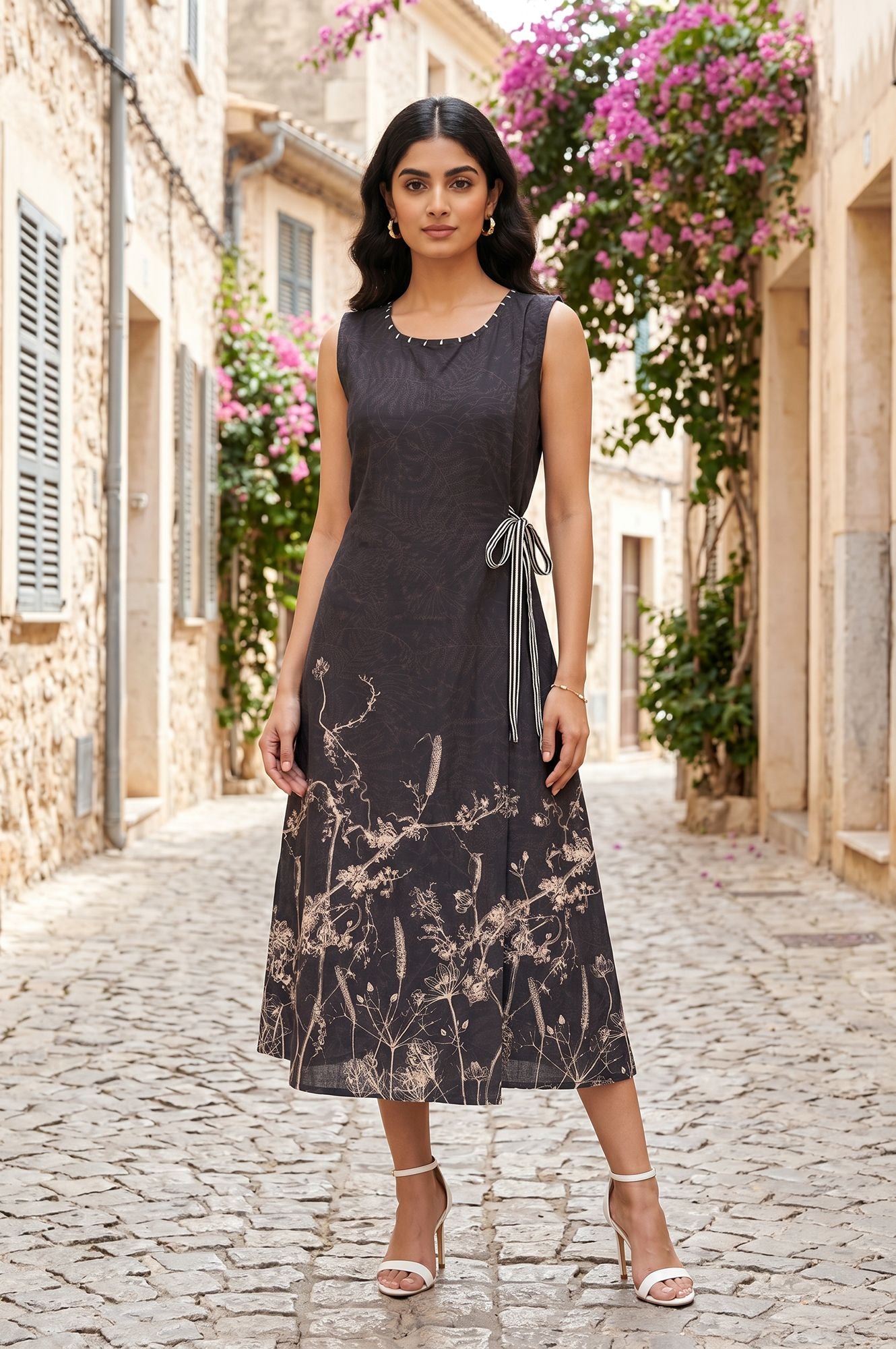Charcoal Floral Printed Sleeveless Pure Cotton A-line Western Dress
