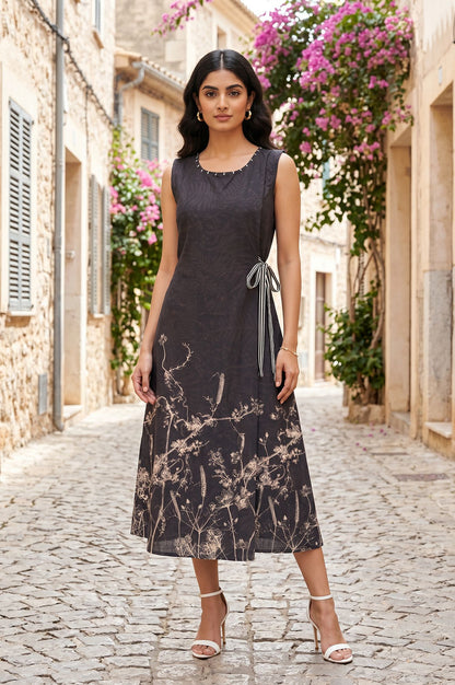 Charcoal Floral Printed Sleeveless Pure Cotton A-line Western Dress