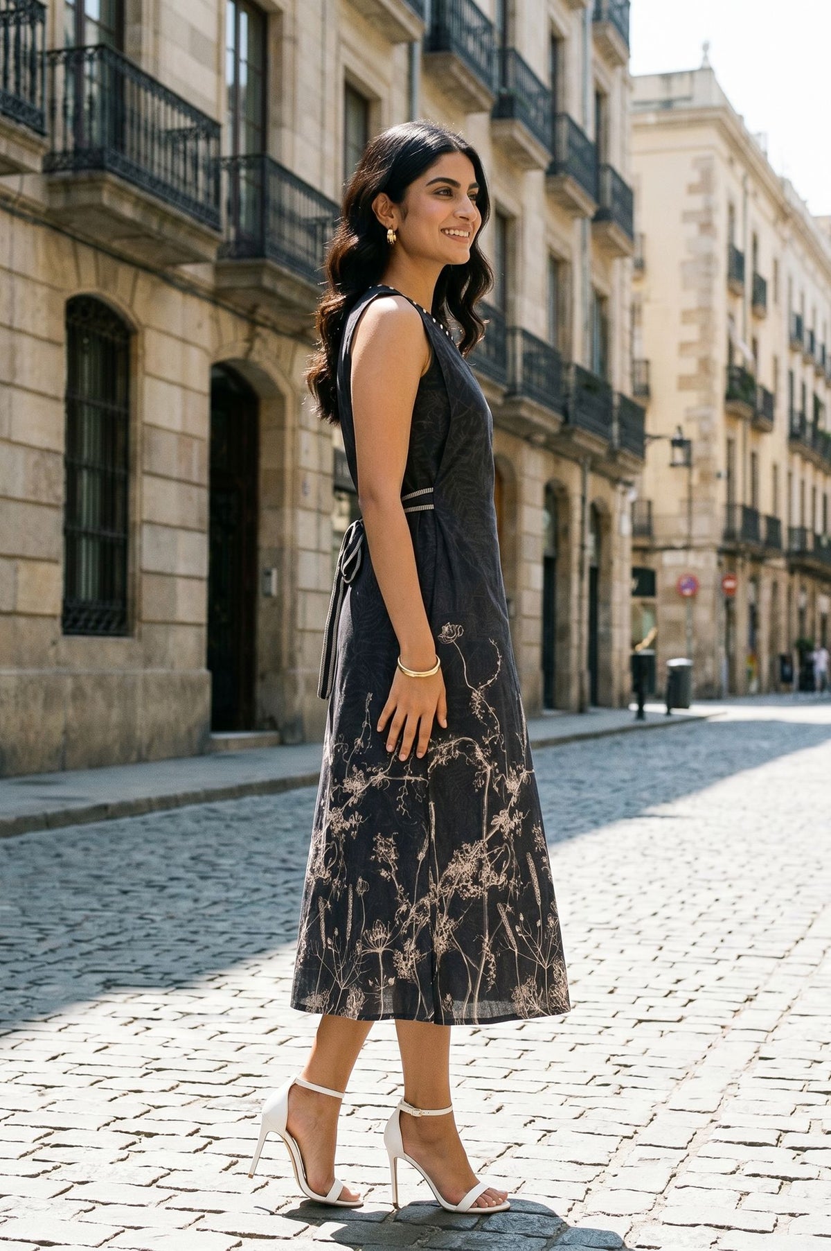 Charcoal Floral Printed Sleeveless Pure Cotton A-line Western Dress