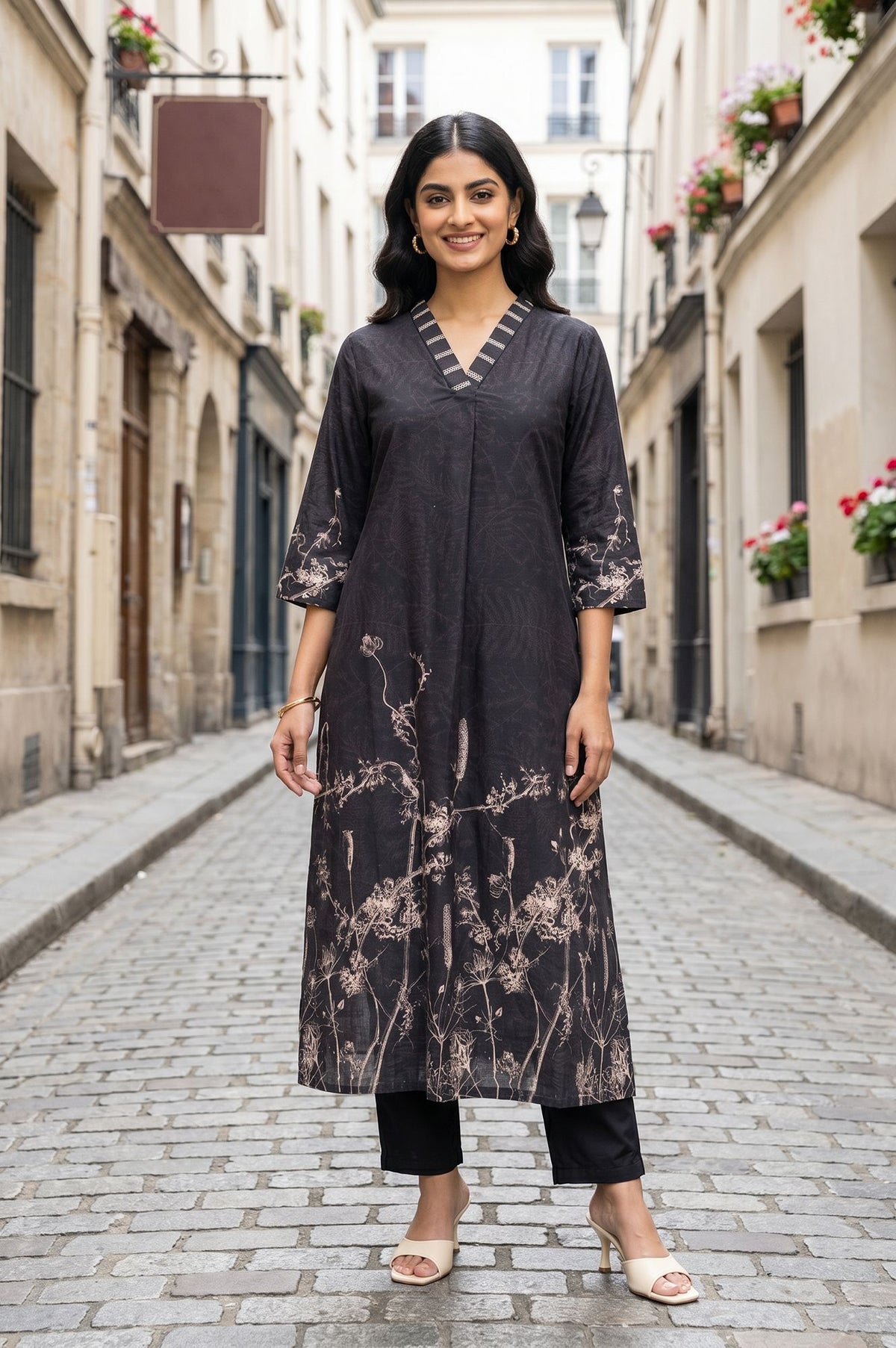 Black Floral Printed Pure Cotton Straight Kurta