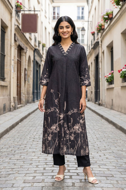 Black Floral Printed Pure Cotton Straight Kurta