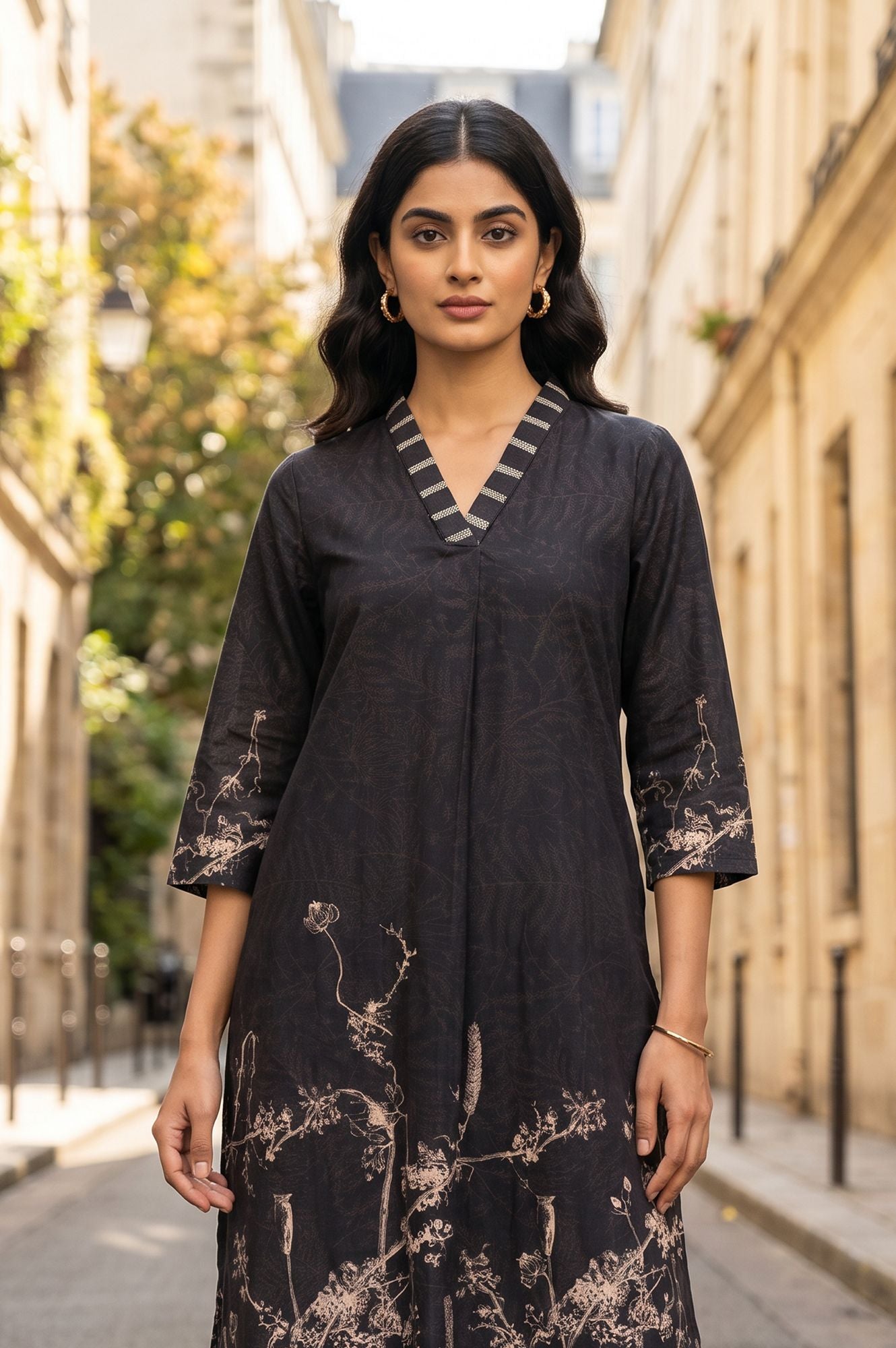 Black Floral Printed Pure Cotton Straight Kurta