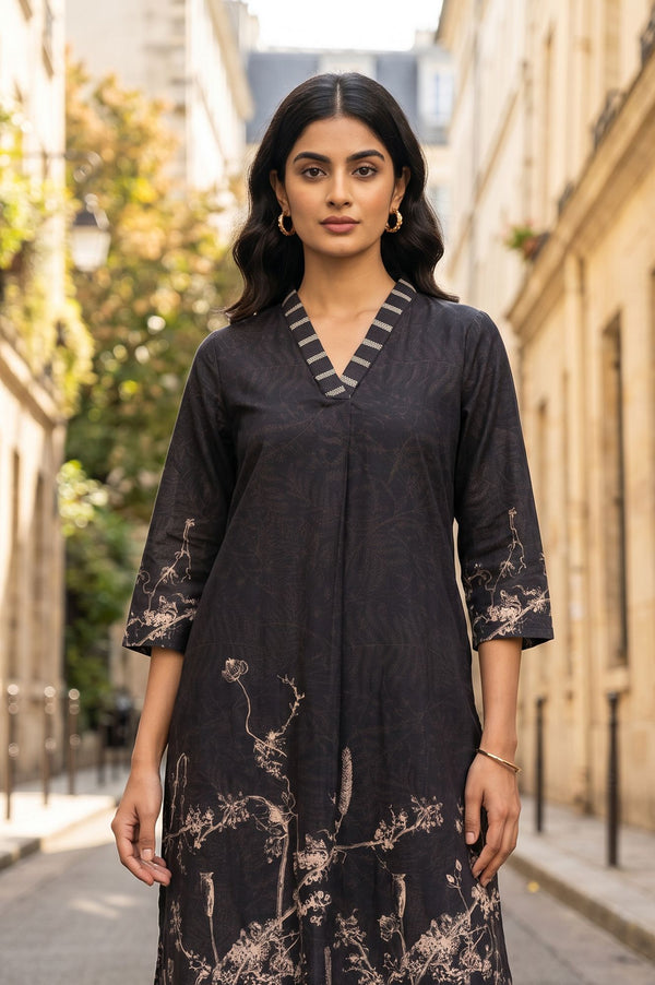Black Floral Printed Pure Cotton Straight Kurta