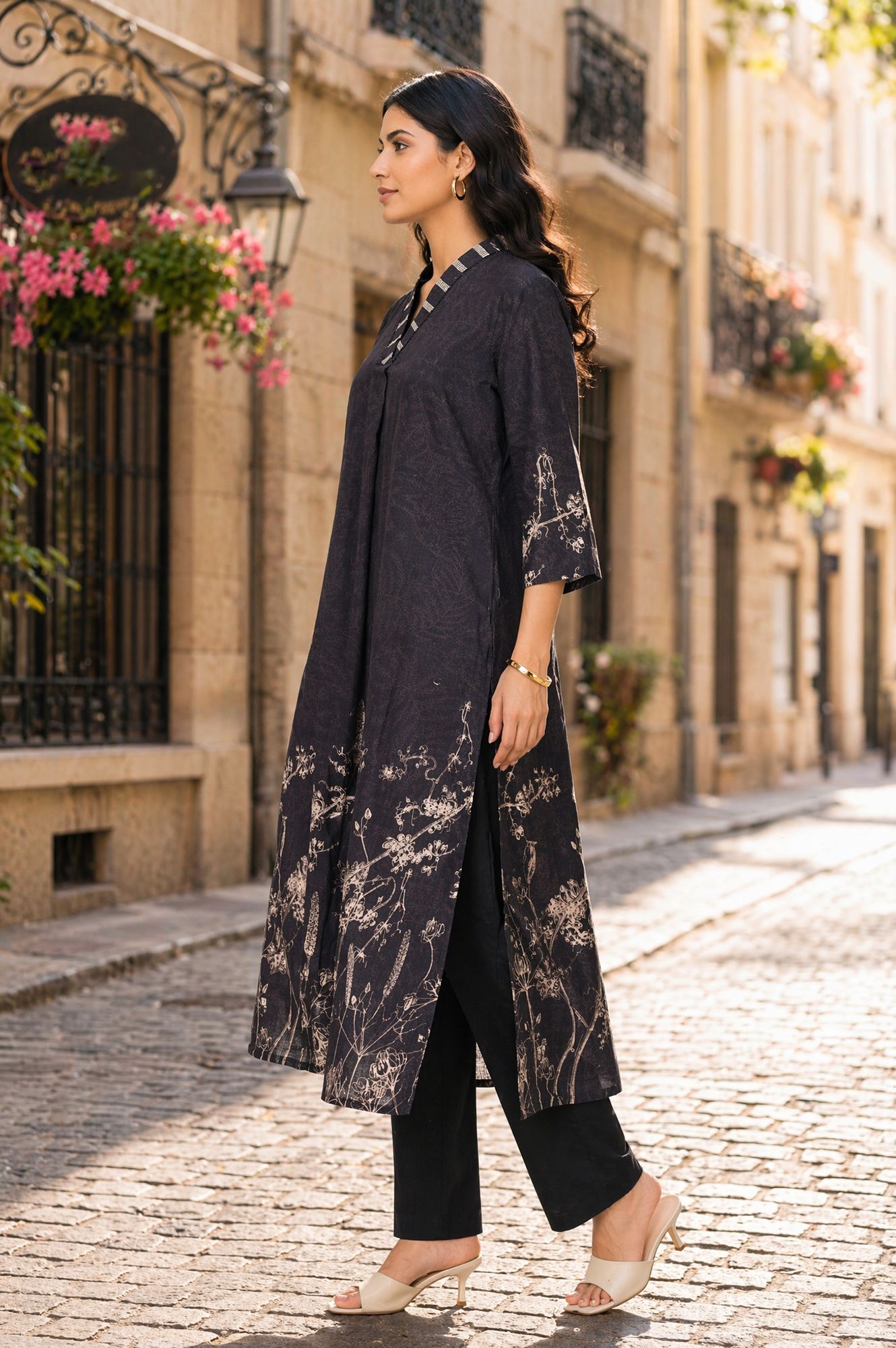 Black Floral Printed Pure Cotton Straight Kurta