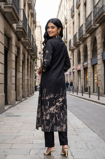 Black Floral Printed Pure Cotton Straight Kurta