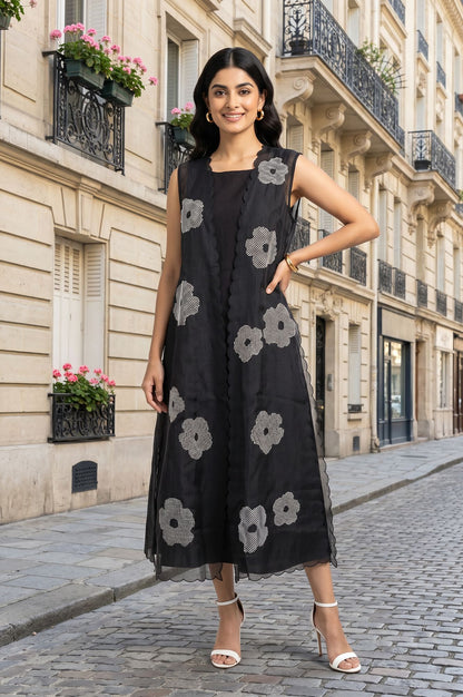 Black Embroidered Kota Sleeveless A-line Dress with Jacket