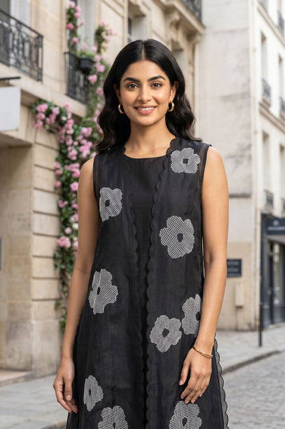 Black Embroidered Kota Sleeveless A-line Dress with Jacket