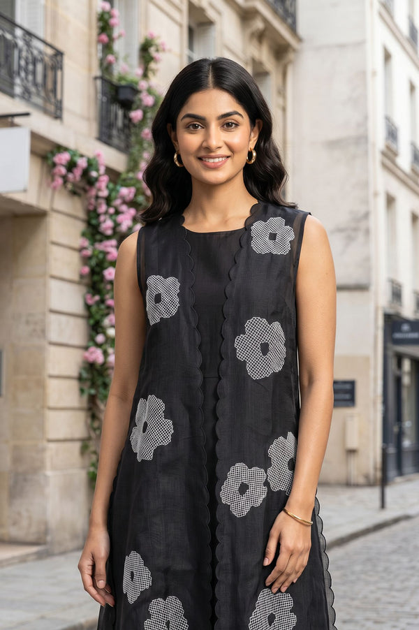 Black Embroidered Kota Sleeveless A-line Dress with Jacket