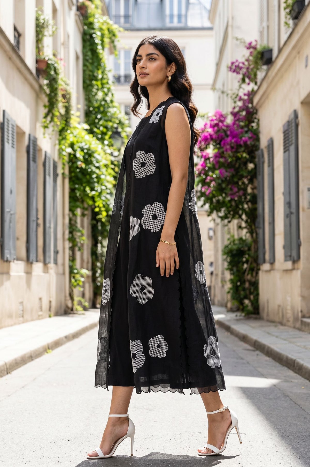 Black Embroidered Kota Sleeveless A-line Dress with Jacket