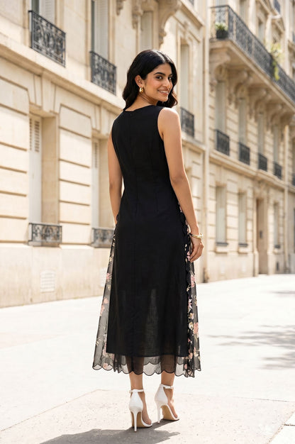 Black Embroidered Kota Sleeveless A-line Dress with Jacket