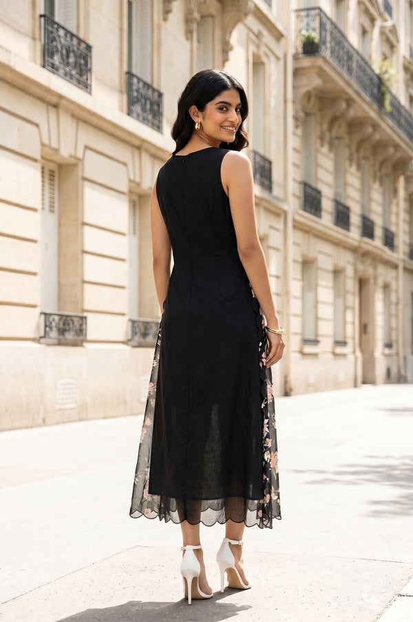 Black Embroidered Kota Sleeveless A-line Dress with Jacket