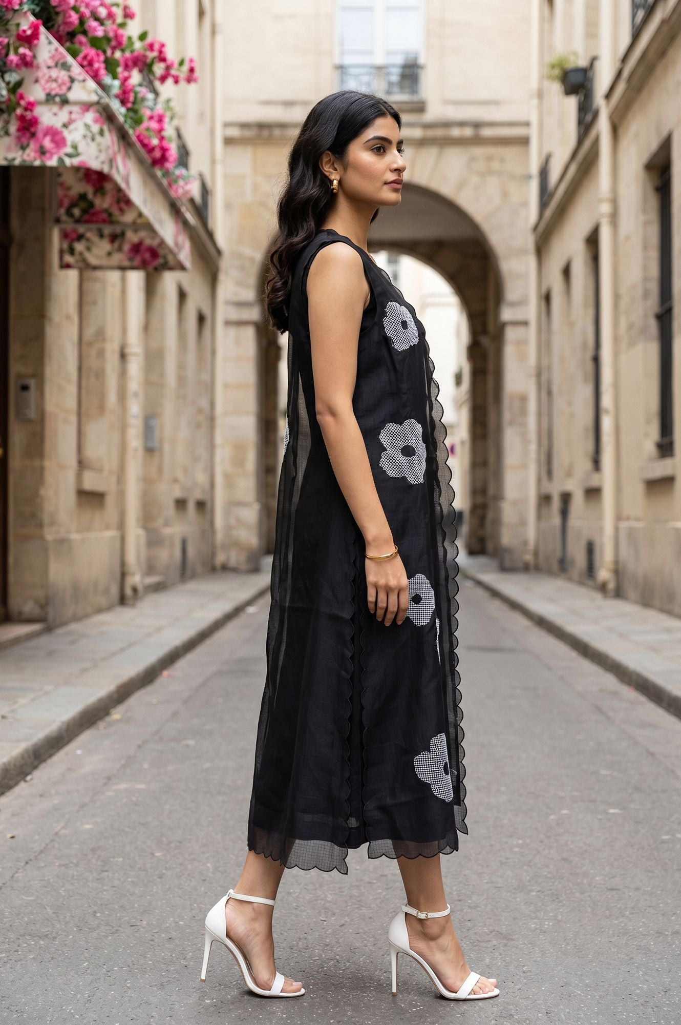 Black Embroidered Kota Sleeveless A-line Dress with Jacket