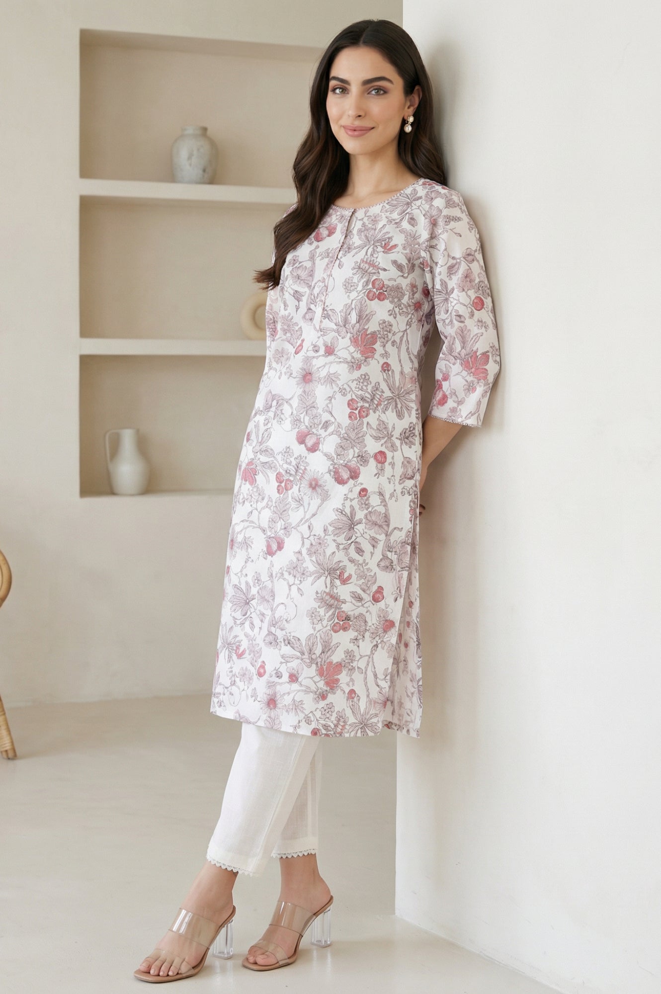 Off White FloralPrinted Rayon Straight Kurta with Lace