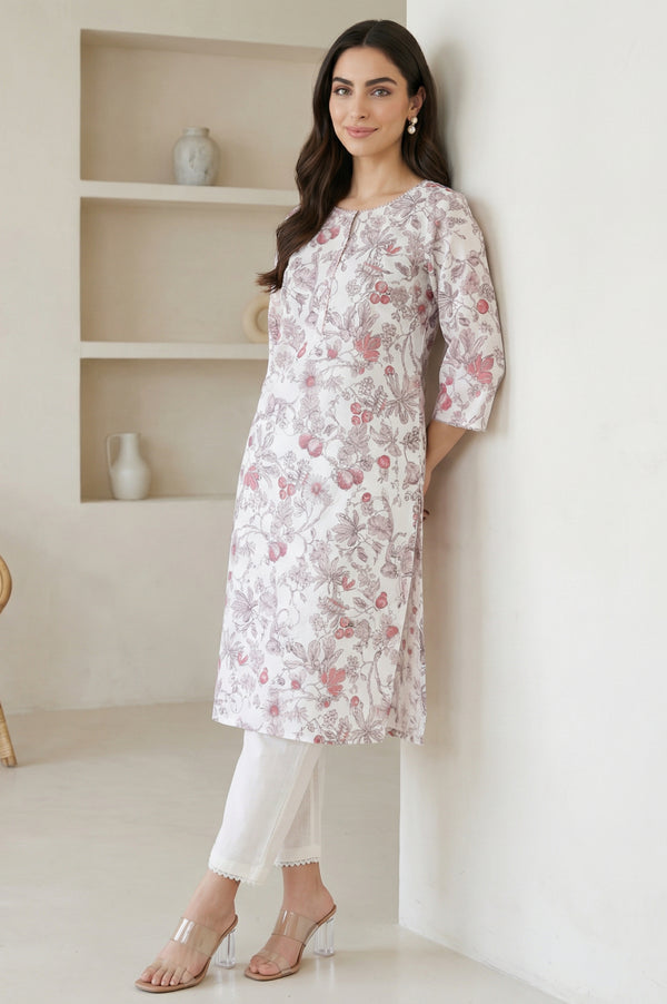 Off White FloralPrinted Rayon Straight Kurta with Lace