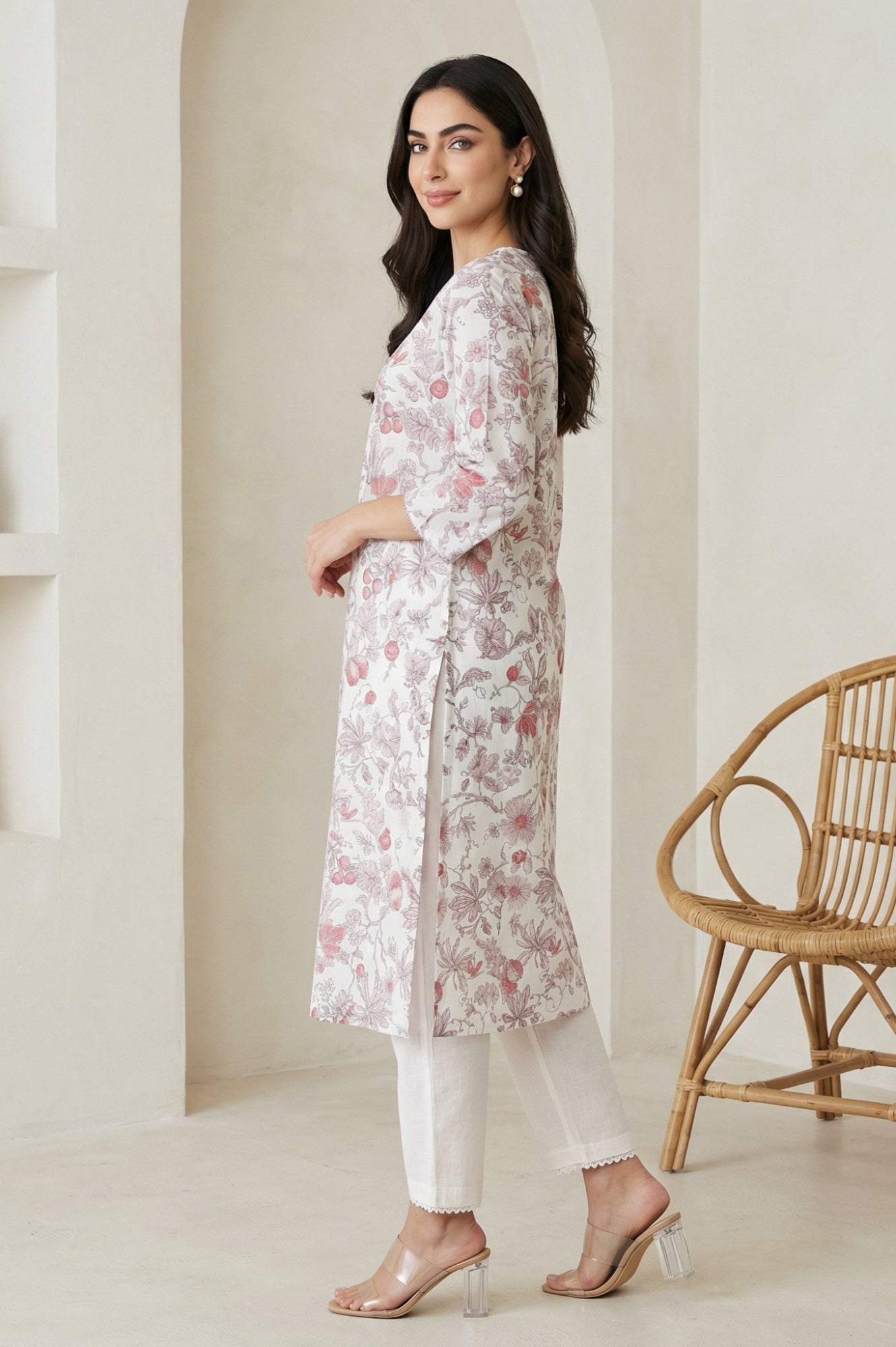 Off White FloralPrinted Rayon Straight Kurta with Lace