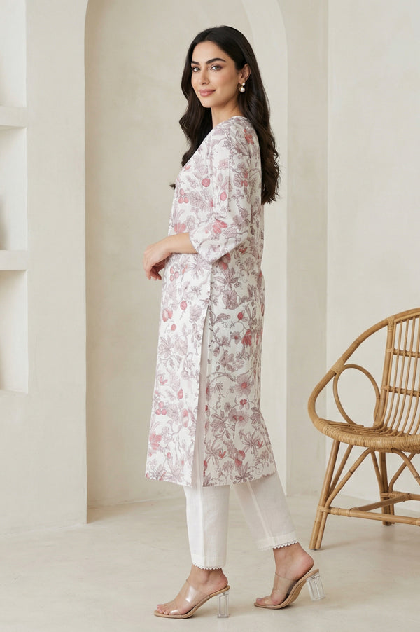 Off White FloralPrinted Rayon Straight Kurta with Lace