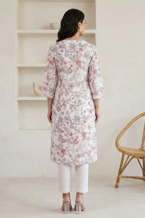 Off White FloralPrinted Rayon Straight Kurta with Lace