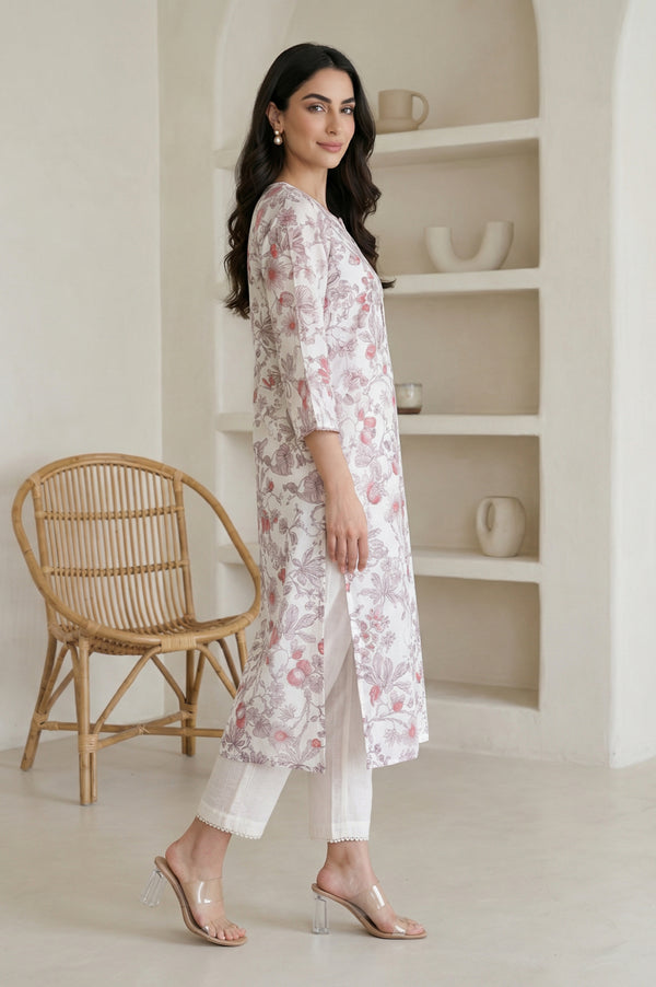 Off White FloralPrinted Rayon Straight Kurta with Lace