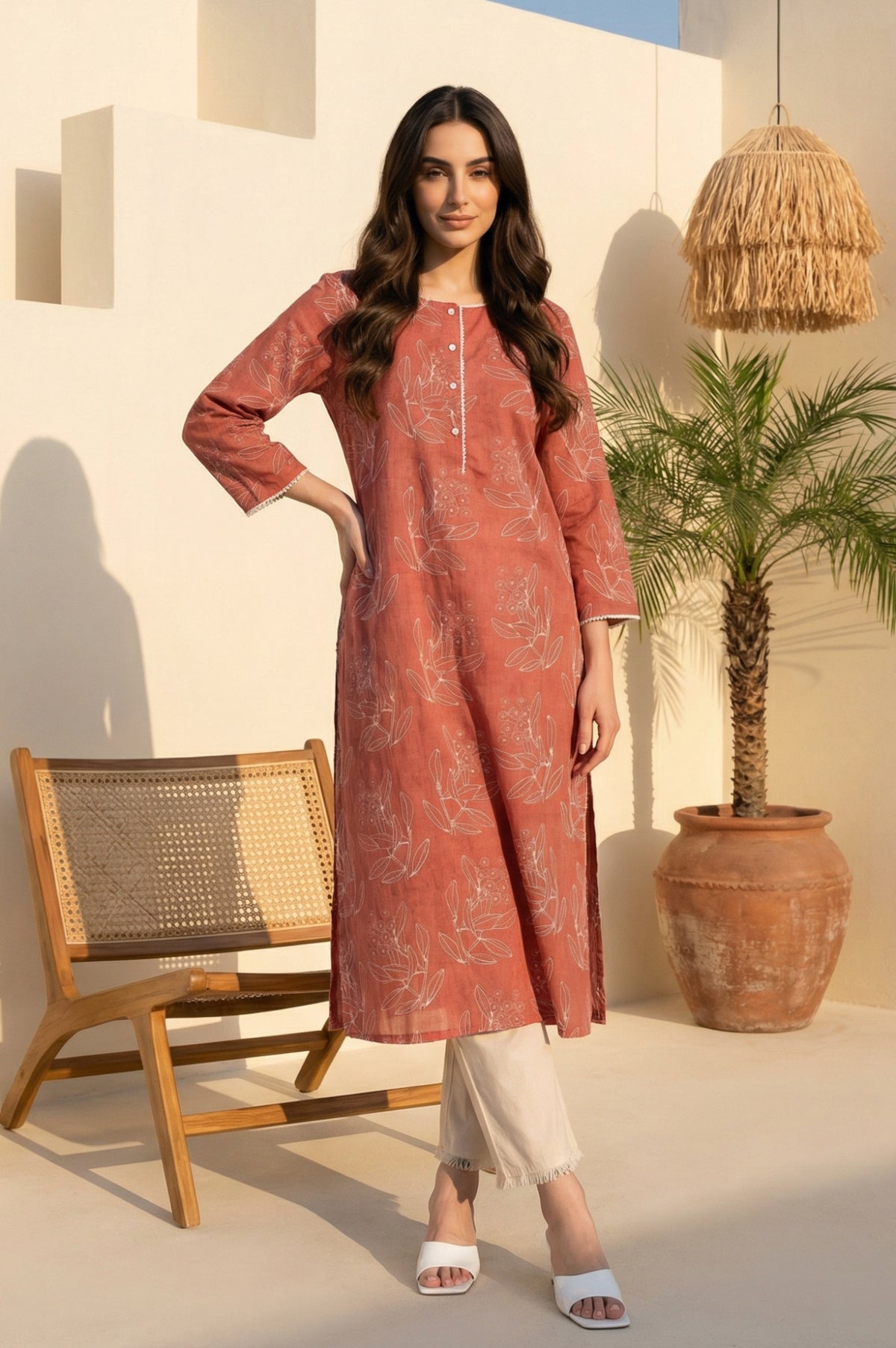 Rust Floral Printed Lace Rayon Flax Straight Kurta - M