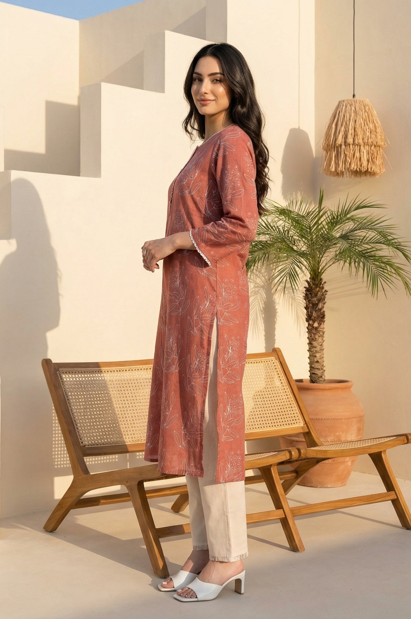 Rust Floral Printed Lace Rayon Flax Straight Kurta