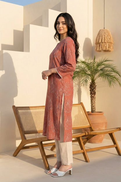 Rust Floral Printed Lace Rayon Flax Straight Kurta