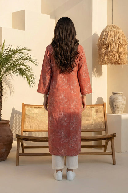 Rust Floral Printed Lace Rayon Flax Straight Kurta