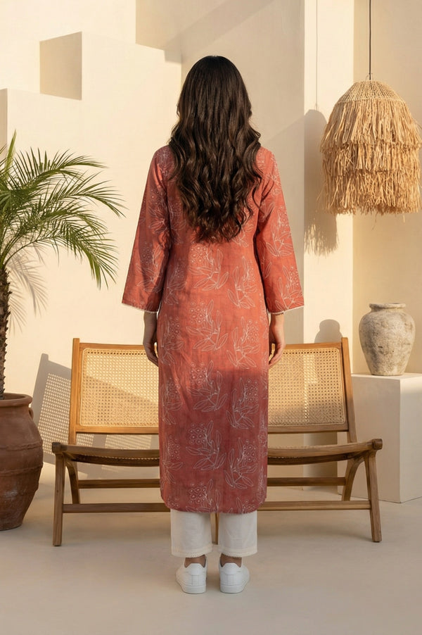 Rust Floral Printed Lace Rayon Flax Straight Kurta