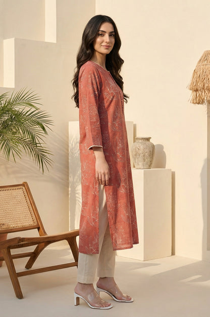 Rust Floral Printed Lace Rayon Flax Straight Kurta
