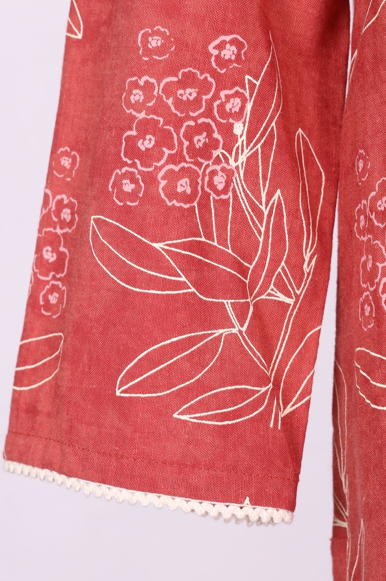Rust Floral Printed Lace Rayon Flax Straight Kurta