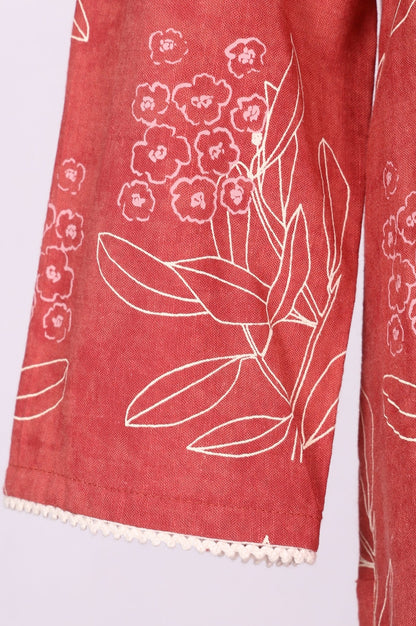 Rust Floral Printed Lace Rayon Flax Straight Kurta