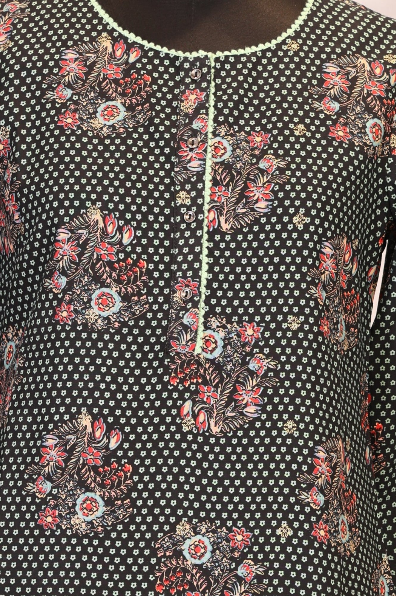 Black Floral Printed Rayon Straight Kurta