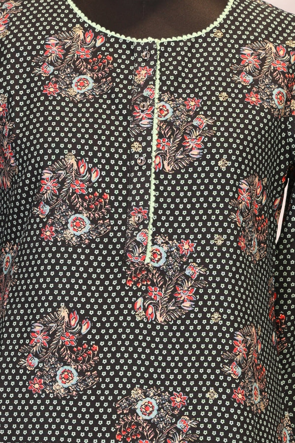 Black Floral Printed Rayon Straight Kurta