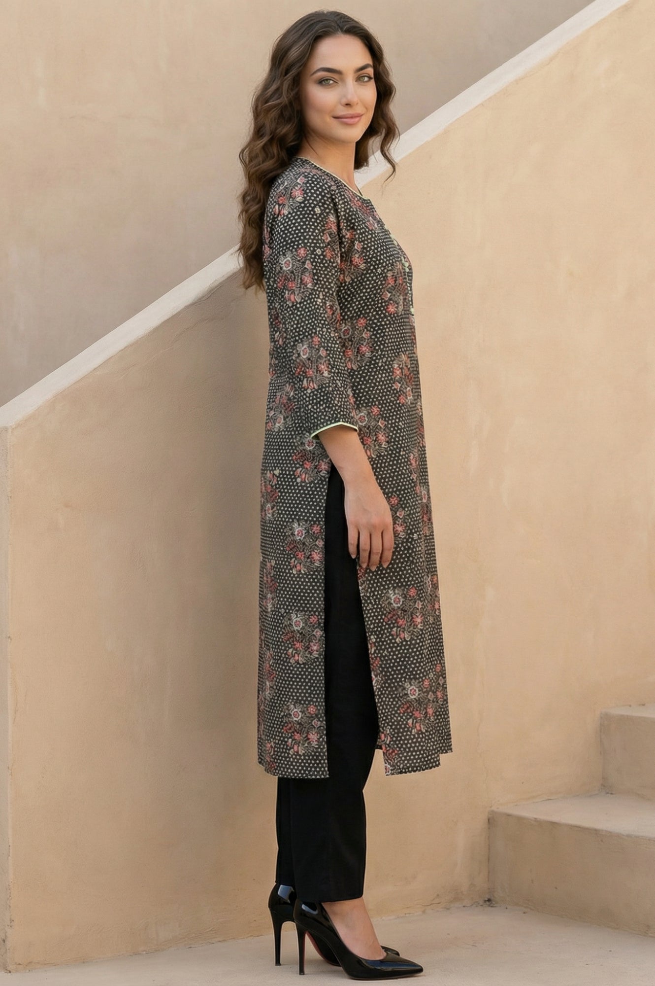 Black Floral Printed Rayon Straight Kurta