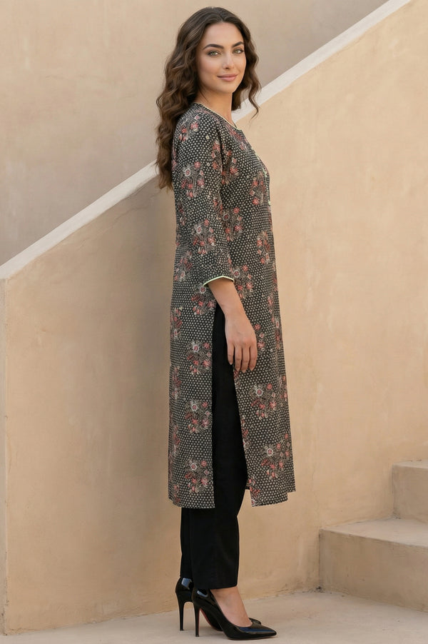 Black Floral Printed Rayon Straight Kurta
